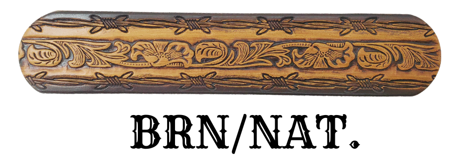 The "Bandit" Name Belt is perfect for those seeking an epic escape. It's handcrafted in Smyrna, Tennessee, just outside Nashville, and features a 1 1/2" width with a strip of vegetable tanned leather. The bold design includes an embossed Barbwire border and Western Scroll center pattern, while the changeable solid brass buckle in antique nickel finish adds a rugged touch. Make your escape in style with this hand-stained belt.