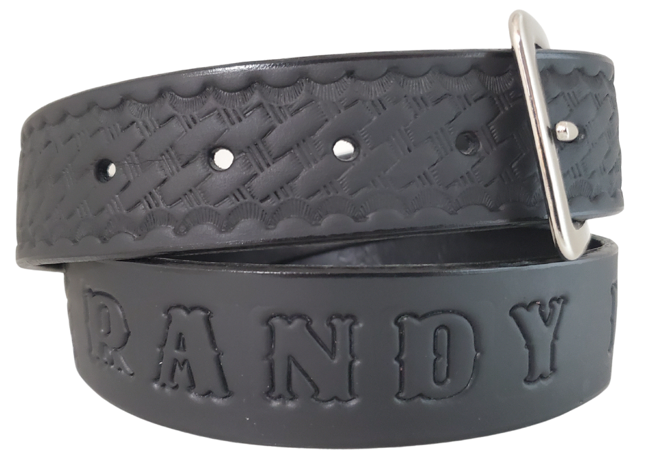 "The Rosco" Basket Weave Leather belt is made from Veg-Tan shoulder cow leather. It is 9-10 oz. or approximately 1/8" thick and is 1 1/2" wide. It has smoothed and finished edges and basket weave design is embossed on surface. Choose from 5 color options. The antique nickel plated solid brass buckle snaps in place. Made in our shop just outside Nashville in Smyrna, TN.