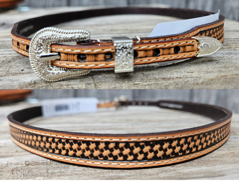 Create your own personalized hat style with this Basket weave leather hatband. This classic hatband is a genuine leather strap and uses a belt style adjustment with a silver buckle. Take your hat to another level. In stock at our Smyrna, TN shop not far from Opry Mills Mall.

Tapers 1/2" to 3/8"
Measures 27" in length
Basket weave embossing
Adjustable Buckle Closure
