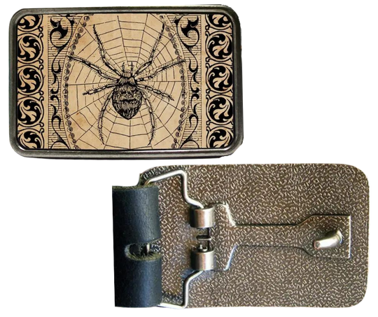 The Spider is one of most unique belt buckles that are completely metal (image area too) and are made to be durable and lasting! Lots of details in the image and slightly smaller than most of our buckle selection. Available at our Smyrna, TN shop a short ride from downtown Nashville.

Belt Buckle Measures: -3"x2"
Fits any snap belt up to 1 1/2"
Listing is for the belt buckle only &amp; does not include a belt strap.