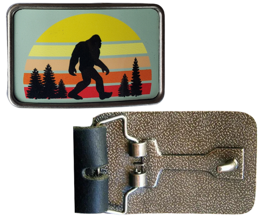 The Sunset Bigfoot is one of most unique belt buckles that are completely metal (image area too) and are made to be durable and lasting! Lots of details in the image and slightly smaller than most of our buckle selection. Available at our Smyrna, TN shop a short ride from downtown Nashville.

Belt Buckle Measures: -3"x2"
Fits any snap belt up to 1 1/2"
Listing is for the belt buckle only & does not include a belt strap.