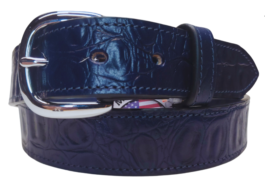 This is a great belt but when it came in the colors were inconsistent. See pic with CLEARANCE for a example of colors it has not been altered. The blue tone varies from a nice blue to almost blue gray with a medium soft feel. This is reduced and were not going to restock but the savings are yours. Removable buckle. These won't last long at our Smyrna, TN shop.
