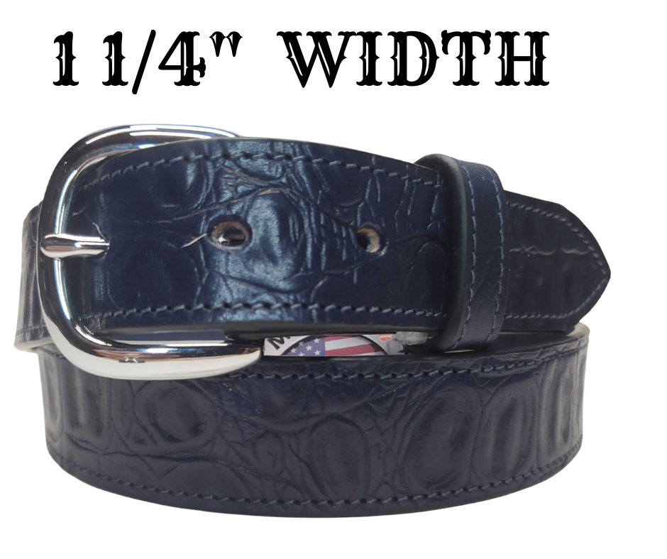 This is a great belt but when it came in the colors were inconsistent. See pic with CLEARANCE for a example of colors it has not been altered. The blue tone varies from a nice blue to almost blue gray with a medium soft feel. This is reduced and were not going to restock but the savings are yours. Removable buckle. These won't last long at our Smyrna, TN shop.