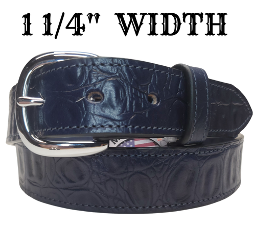 This is a great belt but when it came in the colors were inconsistent. See pic with CLEARANCE for a example of colors it has not been altered. The blue tone varies from a nice blue to almost blue gray with a medium soft feel. This is reduced and were not going to restock but the savings are yours. Removable buckle. These won't last long at our Smyrna, TN shop.