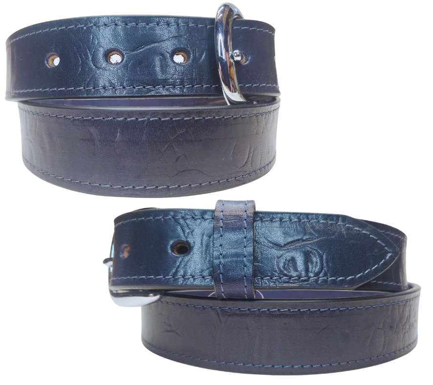 This is a great belt but when it came in the colors were inconsistent. See pic with CLEARANCE for a example of colors it has not been altered. The blue tone varies from a nice blue to almost blue gray with a medium soft feel. This is reduced and were not going to restock but the savings are yours. Removable buckle. These won't last long at our Smyrna, TN shop.