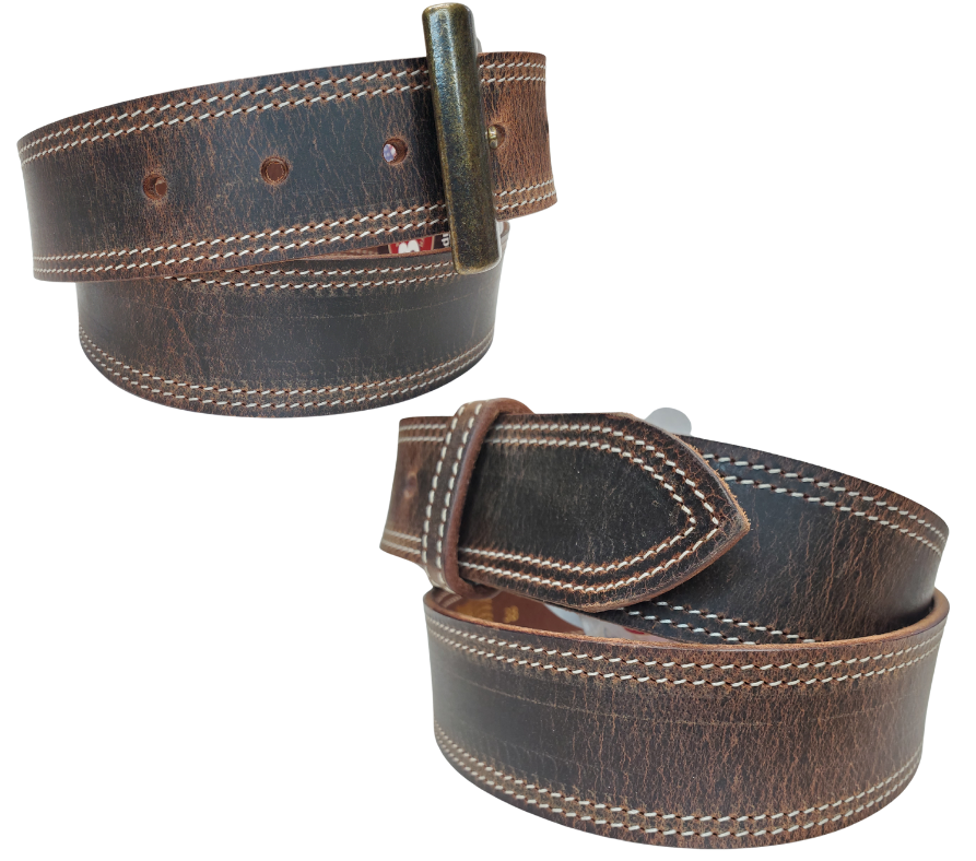 This is a part of our Distressed brown series of belts. This worn brown color matches many of today's most popular boots. The Stitching and Antique brass buckle dresses it up a bit and the 1 1/2" width is perfect for jeans and adding a buckle. Stocked at our Smyrna, TN shop not far from downtown Nashville. Crafted in the USA. Screw post makes a easy buckle change.