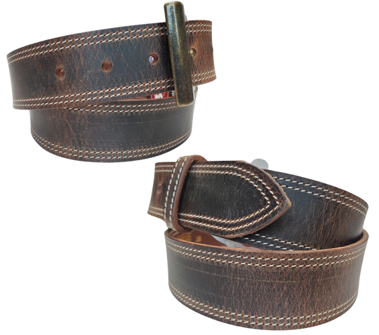 This is a part of our Distressed brown series of belts. This worn brown color matches many of today's most popular boots. The Stitching and Antique brass buckle dresses it up a bit and the 1 1/2" width is perfect for jeans and adding a buckle. Stocked at our Smyrna, TN shop not far from downtown Nashville. Crafted in the USA. Screw post makes a easy buckle change.