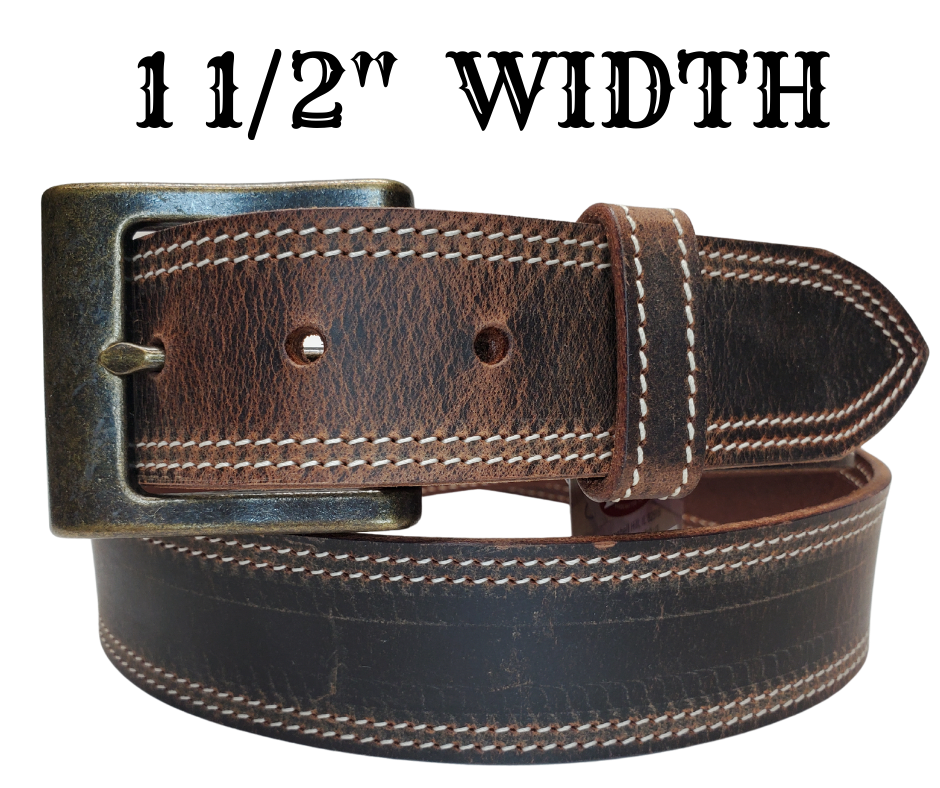 This is a part of our Distressed brown series of belts. This worn brown color matches many of today's most popular boots. The Stitching and Antique brass buckle dresses it up a bit and the 1 1/2" width is perfect for jeans and adding a buckle. Stocked at our Smyrna, TN shop not far from downtown Nashville. Crafted in the USA. Screw post makes a easy buckle change.