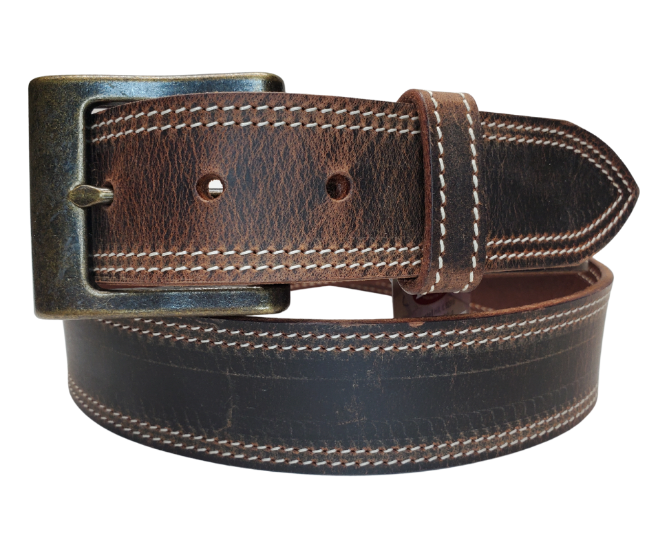 This is a part of our Distressed brown series of belts. This worn brown color matches many of today's most popular boots. The Stitching and Antique brass buckle dresses it up a bit and the 1 1/2" width is perfect for jeans and adding a buckle. Stocked at our Smyrna, TN shop not far from downtown Nashville. Crafted in the USA. Screw post makes a easy buckle change.