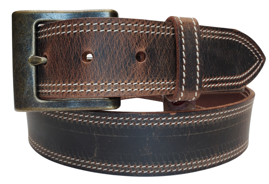 This is a part of our Distressed brown series of belts. This worn brown color matches many of today's most popular boots. The Stitching and Antique brass buckle dresses it up a bit and the 1 1/2" width is perfect for jeans and adding a buckle. Stocked at our Smyrna, TN shop not far from downtown Nashville. Crafted in the USA. Screw post makes a easy buckle change.
