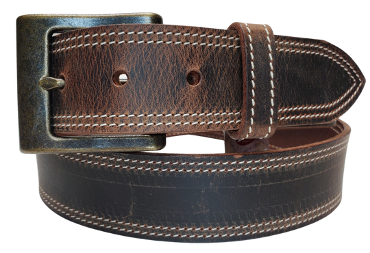 This is a part of our Distressed brown series of belts. This worn brown color matches many of today's most popular boots. The Stitching and Antique brass buckle dresses it up a bit and the 1 1/2" width is perfect for jeans and adding a buckle. Stocked at our Smyrna, TN shop not far from downtown Nashville. Crafted in the USA. Screw post makes a easy buckle change.