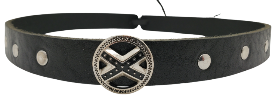 Have a Southern Heritage? Our Stars and Bars framed with 3 rivets on each side will take care of that. The hatband is 3/4" wide by 23" (without tie string). Available in black or Distressed brown, pick one or a few. Fit's most any hat with adjustable bead and leather 1/8" string. Will fit most TOP HAT style and WESTERN crowned hats. Made in our Smyrna Tn. shop.
