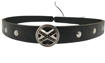 Have a Southern Heritage? Our <em><strong>Stars and Bars framed with 3 rivets</strong></em> on each side will take care of that. The hatband is 3/4" wide by 23" (without tie string). Available in black or Distressed brown, pick one or a few. Fit's most any hat with adjustable bead and leather 1/8" string. Will fit most TOP HAT style and WESTERN crowned hats. Made in our Smyrna Tn. shop. <p>&nbsp;</p>