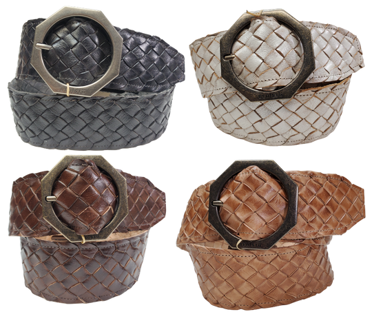 All 4 - The Dreamweaver Wide braid distressed leather belt adorned with a octagon shaped metal buckle, the effortlessly infuses a touch of Vintage and Boho into your style. Whether worn on the waist or the hip, this belt stands as a remarkable addition to any wardrobe. Now stocked at our Smyrna, TN shop not far from 12th Ave. in Nashville.