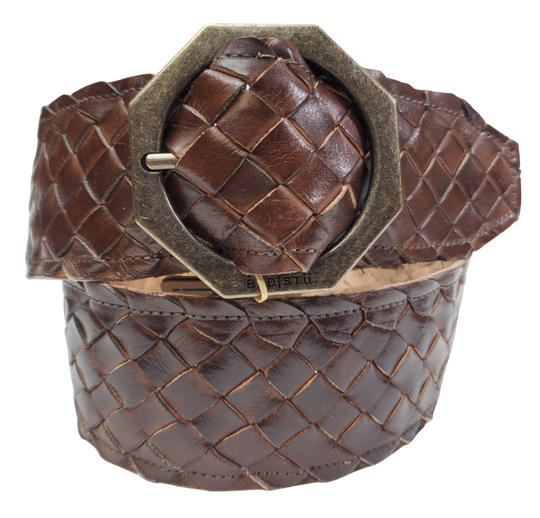 Dark brown - The Dreamweaver Wide braid distressed leather belt adorned with a octagon shaped metal buckle, the effortlessly infuses a touch of Vintage and Boho into your style. Whether worn on the waist or the hip, this belt stands as a remarkable addition to any wardrobe. Now stocked at our Smyrna, TN shop not far from 12th Ave. in Nashville.