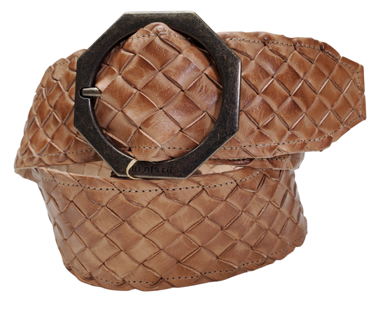 Tan - The Dreamweaver Wide braid distressed leather belt adorned with a octagon shaped metal buckle, the effortlessly infuses a touch of Vintage and Boho into your style. Whether worn on the waist or the hip, this belt stands as a remarkable addition to any wardrobe. Now stocked at our Smyrna, TN shop not far from 12th Ave. in Nashville.