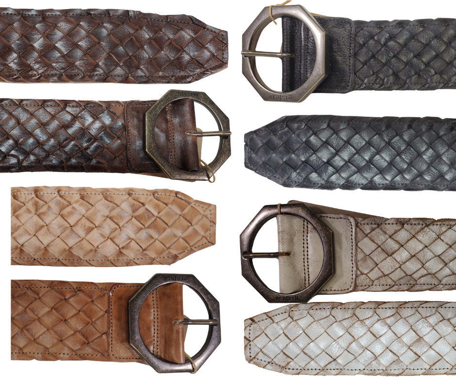 Buckle and belt tip - The Dreamweaver Wide braid distressed leather belt adorned with a octagon shaped metal buckle, the effortlessly infuses a touch of Vintage and Boho into your style. Whether worn on the waist or the hip, this belt stands as a remarkable addition to any wardrobe. Now stocked at our Smyrna, TN shop not far from 12th Ave. in Nashville.