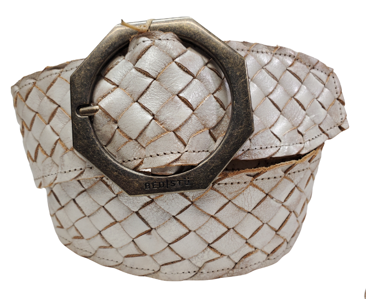 White - The Dreamweaver Wide braid distressed leather belt adorned with a octagon shaped metal buckle, the effortlessly infuses a touch of Vintage and Boho into your style. Whether worn on the waist or the hip, this belt stands as a remarkable addition to any wardrobe. Now stocked at our Smyrna, TN shop not far from 12th Ave. in Nashville.