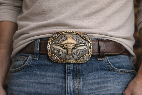 The Bessie Moo Belt Buckle has the ever classic Longhorn design accented with a multi Western scrolls, a hint of Rope on the edge with 4 Flower rosettes. A Classic Western belt buckle at it&