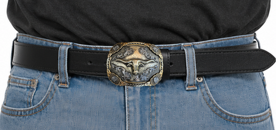 The Bessie Moo Belt Buckle has the ever classic Longhorn design accented with a multi Western scrolls, a hint of Rope on the edge with 4 Flower rosettes. A Classic Western belt buckle at it&