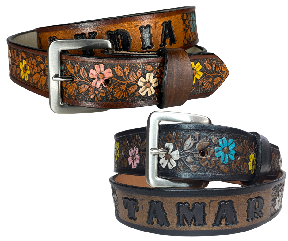 "The Beulah Land" is a handmade real VEG-TAN belt made from a single strip of cowhide shoulder leather that is 8-10 oz. or approx. 1/8" thick. It has hand burnished (smoothed) edges and summer flowers embossed on the surface and with most HAND PAINTED in Pink, White, Yellow and Turquoise. The antique nickel plated solid brass buckle is snapped in place with heavy snaps.  This belt is made just outside Nashville in Smyrna, TN.