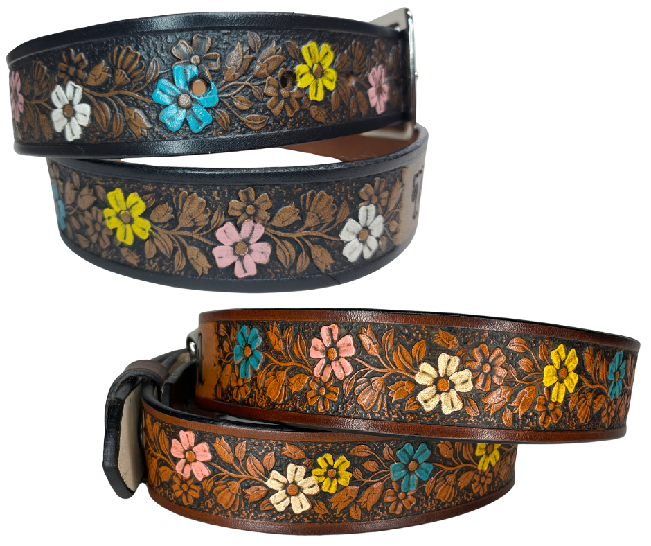 "The Beulah Land" is a handmade real VEGTAN belt made from a single strip of cowhide shoulder leather that is 8-10 oz. or approx. 1/8" thick. It has hand burnished (smoothed) edges and summer flowers embossed on the surface and with most HAND PAINTED in Pink, White, Yellow and Turquoise. The antique nickel plated solid brass buckle is snapped in place with heavy snaps.  This belt is made just outside Nashville in Smyrna, TN.