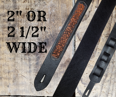 Acoustic Guitars, Great Songs and Lyrics have been staple for years in Country music!  "This 2" or 2 1/2" wide Guitar Strap is a nod to that classic influence. The main Body of the strap is approx. 1/8" thick Black Leather Strap.  CUSTOMIZE your Color options on a Floral Pattern LEATHER PATCH. The classic adjustment style goes from approx. 42" to 56" at it's longest . Made just outside Nashville in our Smyrna, TN. shop. It will need a bit of time to "break in" but will get a great patina over time. 