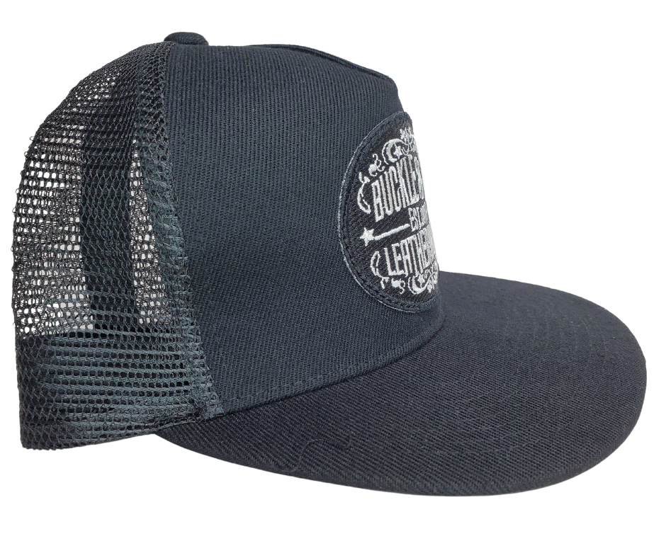 Upgrade your cap game with the Buckle and Hide Classic Flat Bill Trucker Cap, featuring a stylish mesh back, structured top and a snap back. Choose from Black, Grey, Gray/Black or Blk/Gray and proudly wear the Buckle and Hide patch on the front. From your favorite leather shop in Smyrna, TN, just outside of Nashville.