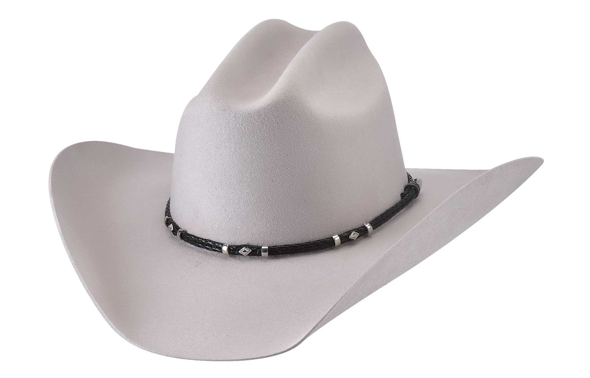 The Unisex Gholson 4x hat. Classic Western Cattleman crown and Brim shape. Braided style leather band with metal accents. May be steamed and shaped for your personal style Now in stock at our Smyrna, TN shop not from Tennessee Miller Coliseum in Murfreesboro.