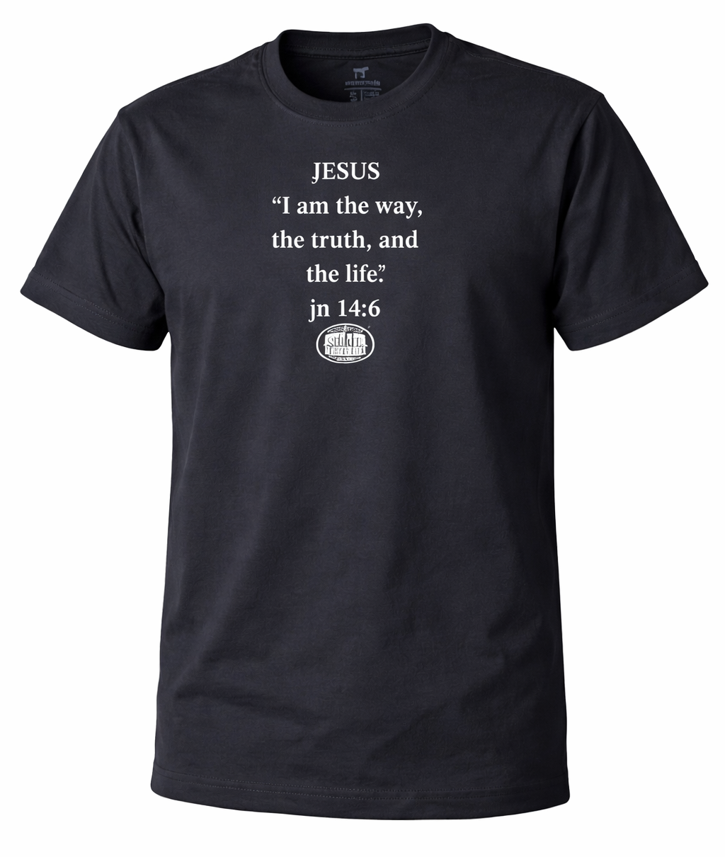 As you wear this shirt, let it speak on your behalf or spark conversations about your faith in Jesus, our Lord and Savior. It features the well known verse from The Gospel of John 14:6 and reminds us of the saving power of his Grace, Death, and Resurrection. This shirt is available both online and in our retail store in Smyrna, TN, just a short distance from Nashville.
