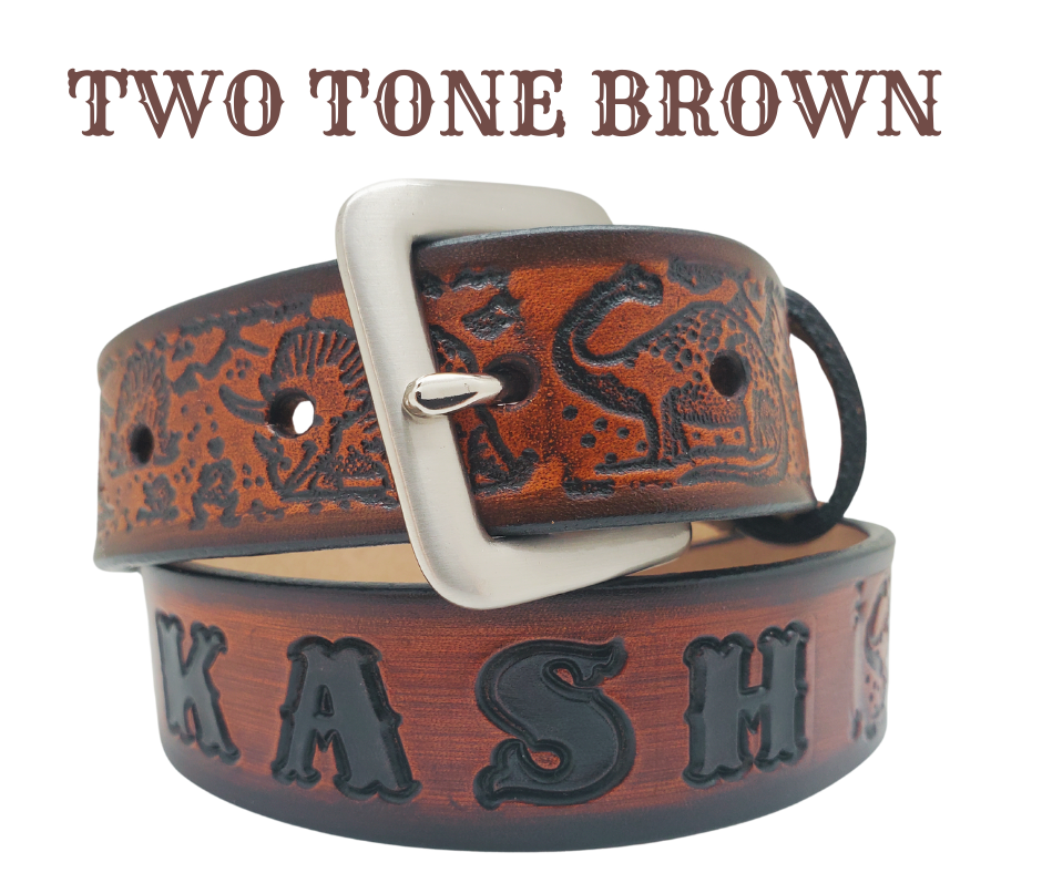 Our Lil Dino is perfect who love Dinosaurs! Full grain American vegetable tanned cowhide approx. 1/8"thick. Width is 1 1/4" and includes Antique Nickle plated Solid Brass buckle. We Hand Finish with each belt. Edges are smooth burnished painted edges. Made in our Smyrna, TN, USA shop. Buckle snaps in place for easy changing if desired.  Choose with or without name