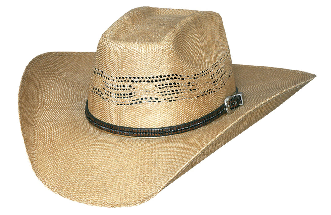 The Unisex Whiskey River straw hat named after it's Amber color has a classic Western brick crown. Vents are woven in for air circulation on those warm days. It's lightweight makes it a easy wear not weighing you down. Now in stock at our Smyrna, TN shop not from Tennessee Miller Coliseum in Murfreesboro.
