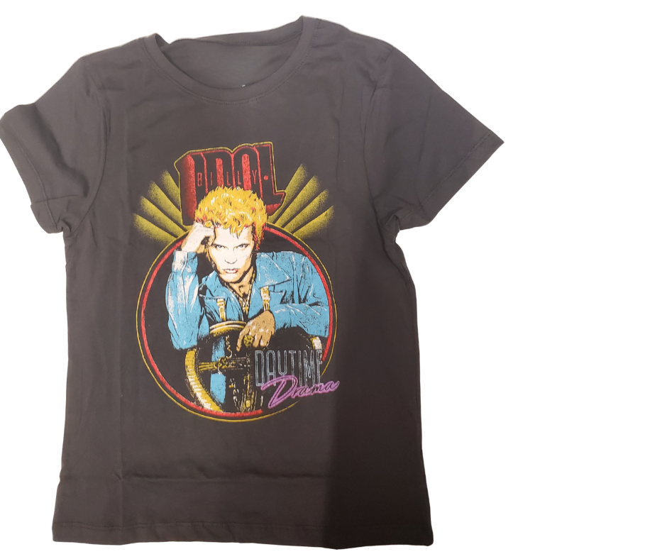 The Billy Idol tee has those vintage style MTV 80's graphics. It'll take you back to those Rebel Yell days of our youth. Supper soft feel. A few left in stock at our Smyrna, TN shop.

Sizing measurements:
Chest under arm pit S-16", M-17", LRG 18", XL-19", 2X- 20"
Length top of neck to bottom of shirt S -24, M-25", L-26", XL-27", 2X-28"