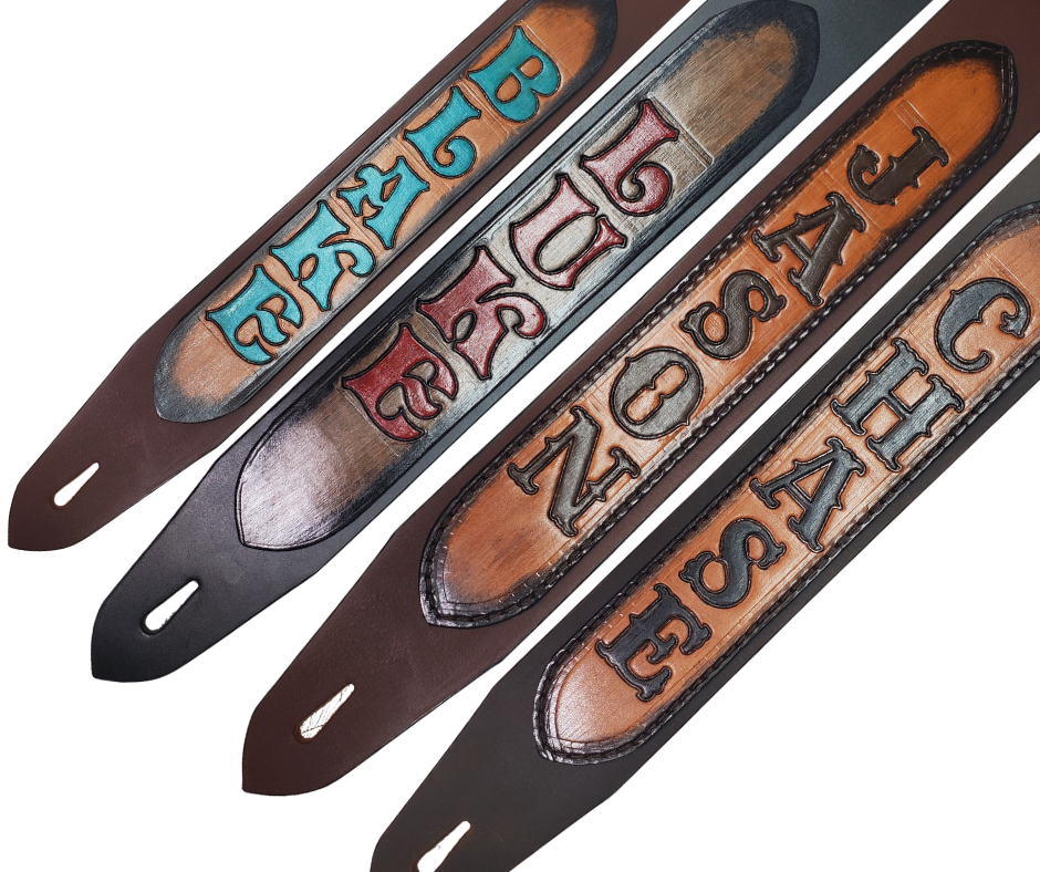 This Classic style 2 1/2" wide Guitar Strap is a nod to that classic influence. The Body of the strap is approx. 1/8" thick Leather Strap with a LEATHER NAME PATCH with Large 1 1/2" Letters. The adjustment style goes from approx. 42" to 56" at it's longest . Made just outside Nashville in our Smyrna, TN. shop. It will need a bit of time to "break in" but will get a great patina over time.
