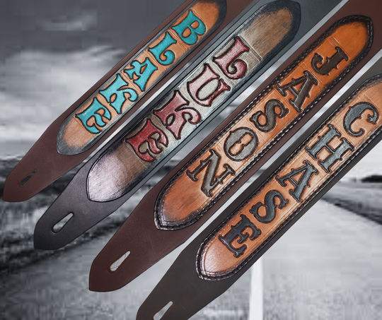 This Classic style 2 1/2" wide Guitar Strap is a nod to that classic influence. The Body of the strap is approx. 1/8" thick Leather Strap with a LEATHER NAME PATCH with Large 1 1/2" Letters. The adjustment style goes from approx. 42" to 56" at it's longest . Made just outside Nashville in our Smyrna, TN. shop. It will need a bit of time to "break in" but will get a great patina over time.