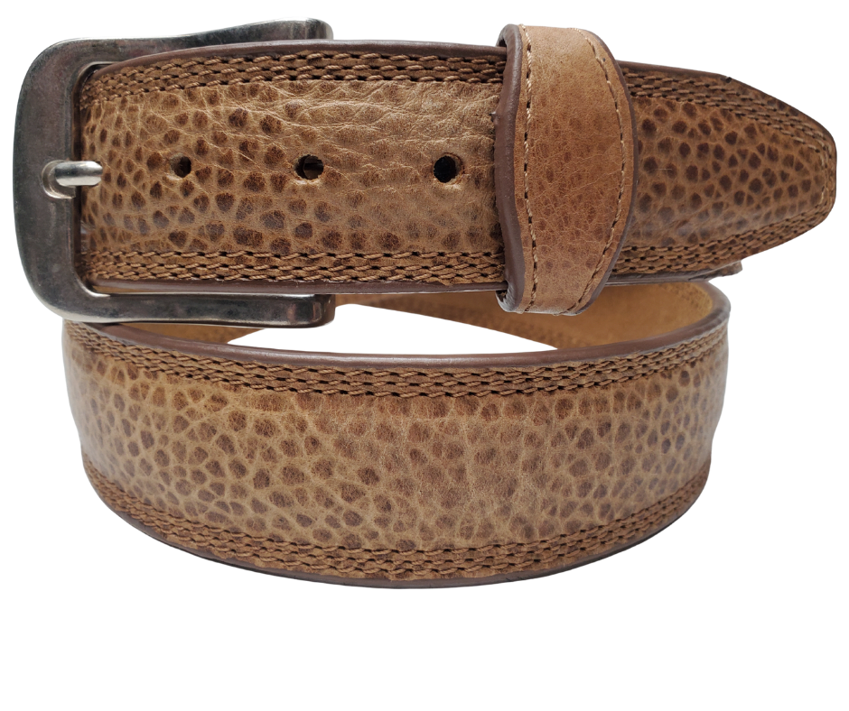This real Bison leather belt with a Triple stitched cowhide leather belt strip underneath. Comes with an Antique colored buckle that is snapped in for easy removal. It is available in our Smyrna, TN shop, which is located just outside of Nashville.