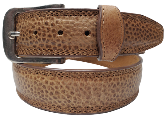 This real Bison leather belt with a Triple stitched cowhide leather belt strip underneath. Comes with an Antique colored buckle that is snapped in for easy removal. It is available in our Smyrna, TN shop, which is located just outside of Nashville.