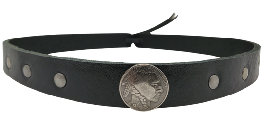 What's more classic than a the Buffalo/Indian head Nickel? Our 1<em><strong> Buffalo Nickel framed with 3 rivets</strong></em> on each side. The hatband is 3/4" wide by 23" (without tie string). Available in black or Distressed brown, pick one or a few. Fit's most any hat with adjustable bead and leather 1/8" string. Will fit most TOP HAT style and WESTERN crowned hats. Made in our Smyrna Tn. shop.