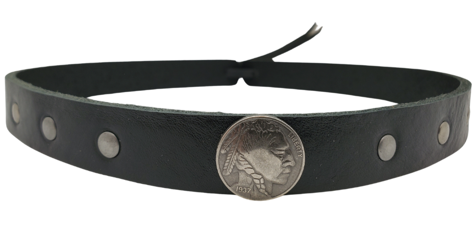 What's more classic than a the Buffalo/Indian head Nickel? Our 1<em><strong> Buffalo Nickel framed with 3 rivets</strong></em> on each side. The hatband is 3/4" wide by 23" (without tie string). Available in black or Distressed brown, pick one or a few. Fit's most any hat with adjustable bead and leather 1/8" string. Will fit most TOP HAT style and WESTERN crowned hats. Made in our Smyrna Tn. shop.