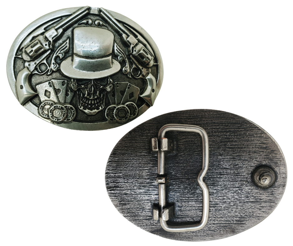 Embrace adventure by donning your top hat, strapping on your six shooter, and venturing back to the Wild West, perhaps to Tombstone or Dodge City, where you can challenge yourself with a game of Black Jack, also known as 21. As Doc Holiday once said, "I thought we were friends," let this antique finished buckle transport you to that thrilling era. Measuring approximately 3"x 4", it fits belts up to 1 1/2" and can be found at our Smyrna, TN location, just a short ride from Nashville, TN.
