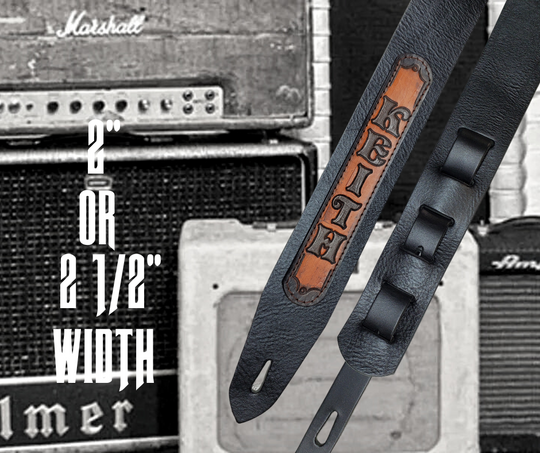 Nothing is more classic than Solid Black. "The CASH" Guitar Strap is just that it's made from 1/8" thick drum dyed vegetable tanned cow hide and has a smooth, glossy finish.  The main strap is made from a single strip of leather with beveled and painted edges.  Choose a 2" or 2 1/2" wide strap with a classic adjustment style. Made just outside Nashville in Smyrna, TN.