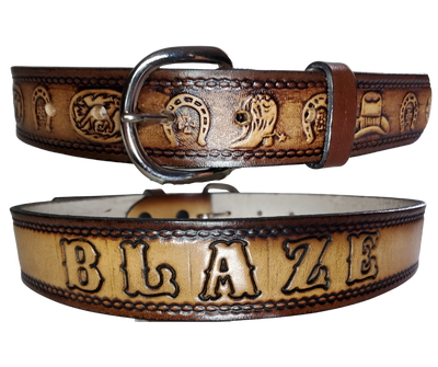  This leather belt showcases artwork of boots, horseshoes, and a hat, and is a fashionable addition to any wardrobe. The metal buckle is removeable, making it easy to customize your buckle. Stocked in our Tennessee location, you can get it quickly with our Quick Ship option.