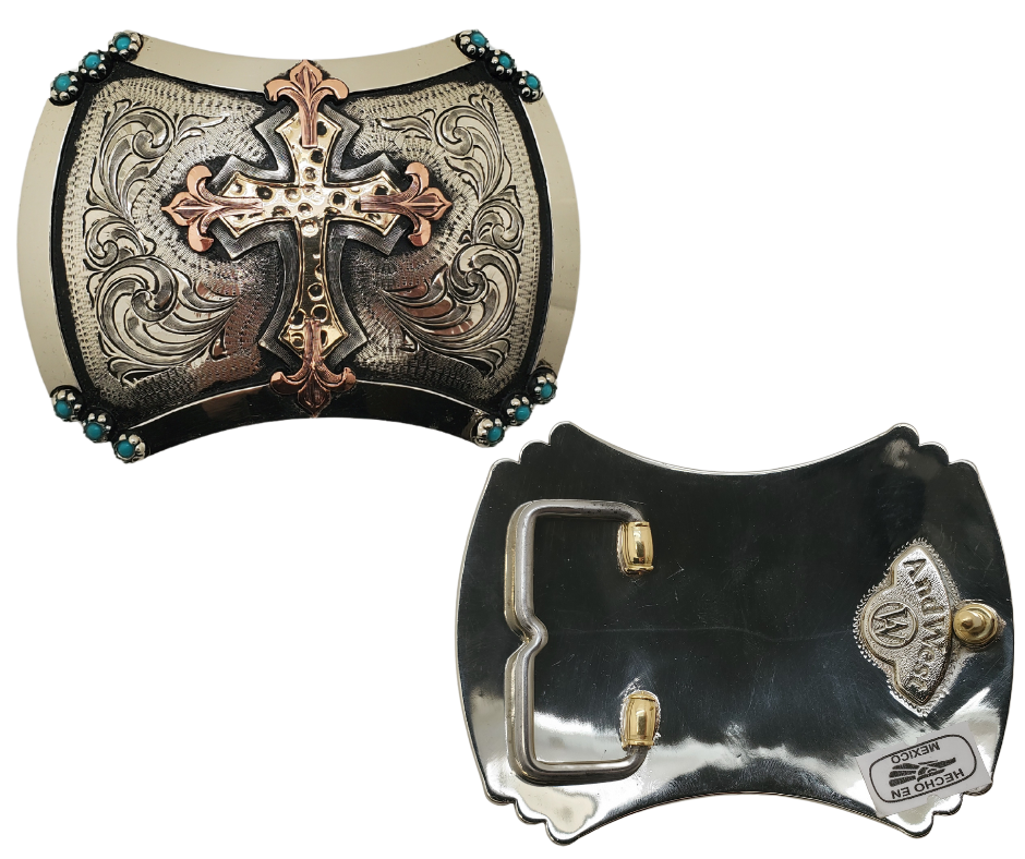 The Blessed Assurance buckle has a scalloped square shape with a Western scrolling, and a beaded edge. Made from 100% German silver (nickel and brass alloy) brass and copper accents. Each piece is punched, engraved, polished in order to give you the quality and long lasting final product we also plate each piece through electromagnetic processes. Buckle size is approx. 3"x 4" Available in our Smyrna, TN shop a short drive from Nashville.