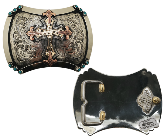 The Blessed Assurance buckle has a scalloped square shape with a Western scrolling, and a beaded edge. Made from 100% German silver (nickel and brass alloy) brass and copper accents. Each piece is punched, engraved, polished in order to give you the quality and long lasting final product we also plate each piece through electromagnetic processes. Buckle size is approx. 3"x 4" Available in our Smyrna, TN shop a short drive from Nashville.