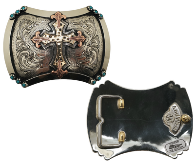 The Blessed Assurance buckle has a scalloped square shape with a Western scrolling, and a beaded edge. Made from 100% German silver (nickel and brass alloy) brass and copper accents. Each piece is punched, engraved, polished in order to give you the quality and long lasting final product we also plate each piece through electromagnetic processes. Buckle size is approx. 3"x 4" Available in our Smyrna, TN shop a short drive from Nashville.