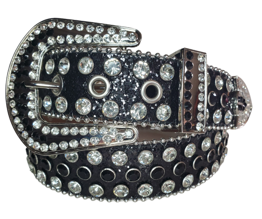 Be the Bling Queen! This NON leather belt appeals to the woman who loves all the attention. The buckle and the belt are BLINGED to the MAX!  It's 1 1/2" wide and has EYELETS for the adjustment holes to help with longevity.  Available in our Smyrna, TN shop. Imported. 