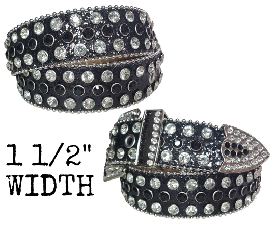 Be the Bling Queen! This NON leather belt appeals to the woman who loves all the attention. The buckle and the belt are BLINGED to the MAX!  It's 1 1/2" wide and has EYELETS for the adjustment holes to help with longevity.  Available in our Smyrna, TN shop. Imported. 