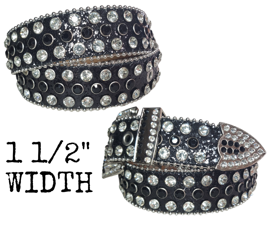 Be the Bling Queen! This NON leather belt appeals to the woman who loves all the attention. The buckle and the belt are BLINGED to the MAX!  It's 1 1/2" wide and has EYELETS for the adjustment holes to help with longevity.  Available in our Smyrna, TN shop. Imported. 