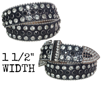 Be the Bling Queen! This NON leather belt appeals to the woman who loves all the attention. The buckle and the belt are BLINGED to the MAX!  It's 1 1/2" wide and has EYELETS for the adjustment holes to help with longevity.  Available in our Smyrna, TN shop. Imported. 