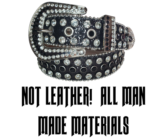 Be the Bling Queen! This NON leather belt appeals to the woman who loves all the attention. The buckle and the belt are BLINGED to the MAX!  It's 1 1/2" wide and has EYELETS for the adjustment holes to help with longevity.  Available in our Smyrna, TN shop. Imported. 